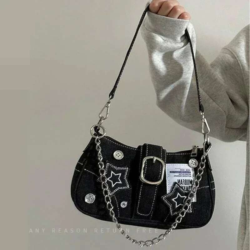 Y2k Women s Handbag With Star Pattern Underarm Bag Fashion Designer Canvas Women s Small Shoulder Bag Chain Casual Crossbody Bag Mini Wallet Storage B