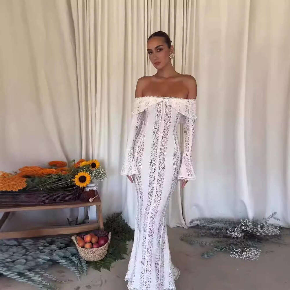 House's Same Fairy And Gentle One Shoulder Lace Dress With French Style Strapless, Waist Cinching, Trailing Long Skirt For Women