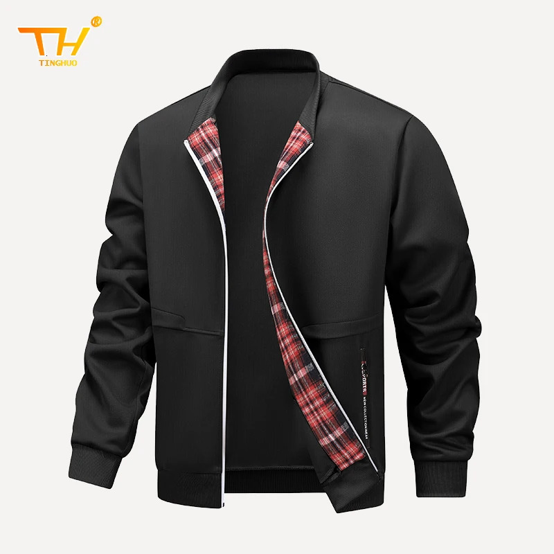 Mens Jacket SpringAutumn Casual Checkered Zipper n Fashion Collar Training Jogging Gym Coat 250312