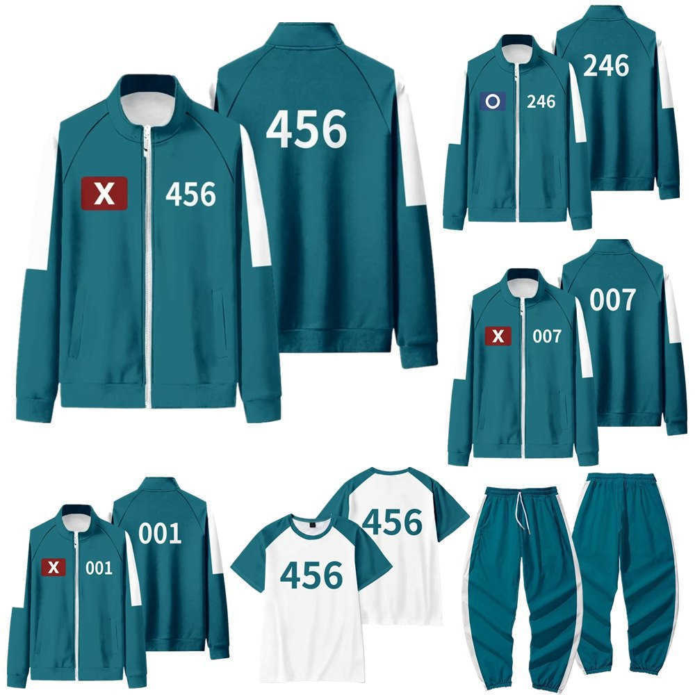 2025 New Korean Movie Digital 456 Zipper Stand Up Collar Jacket Mens and Womens Same Style Sports 2-piece Set