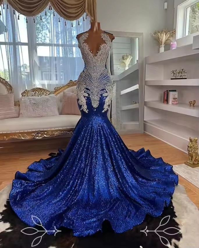 Customsized Sparkg Blue Sier long mermaid prom dress for black girl dia crystal sheer mesh evening party gown