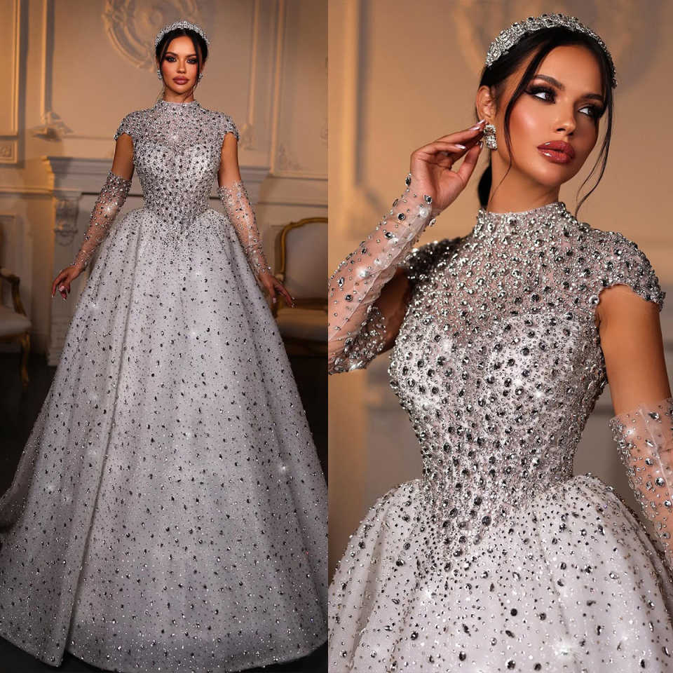Heavy Handmade Beading Wedding Dresses Sparkly High Neck Removable Long Sleeve Bridal Gowns Sexy Bride Dress Customized