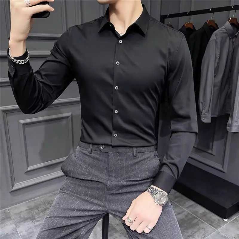 Spring and summer solid color gray shirt mens long sleeved Korean style slim fit professional business formal work shirt gray shirt W250312