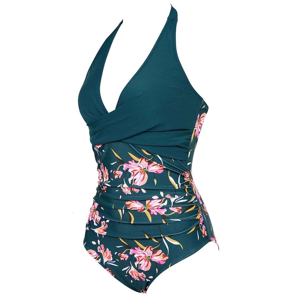Summer Sexy V-Neck Swimsuits Women's One Piece Swimwear Push Up Vintage Halter Bodysuit Bathing Suits Printing Swimming Wear Beachwear Pool Bathe