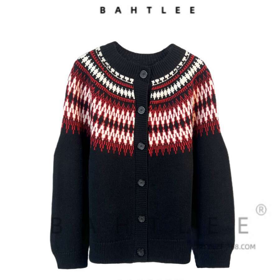 Autumn Winter Christmas British Style Basulan Wool Fel Island Contrasting Color Front And Back Two-Piece Cardigan Knitted Round Neck Sweater