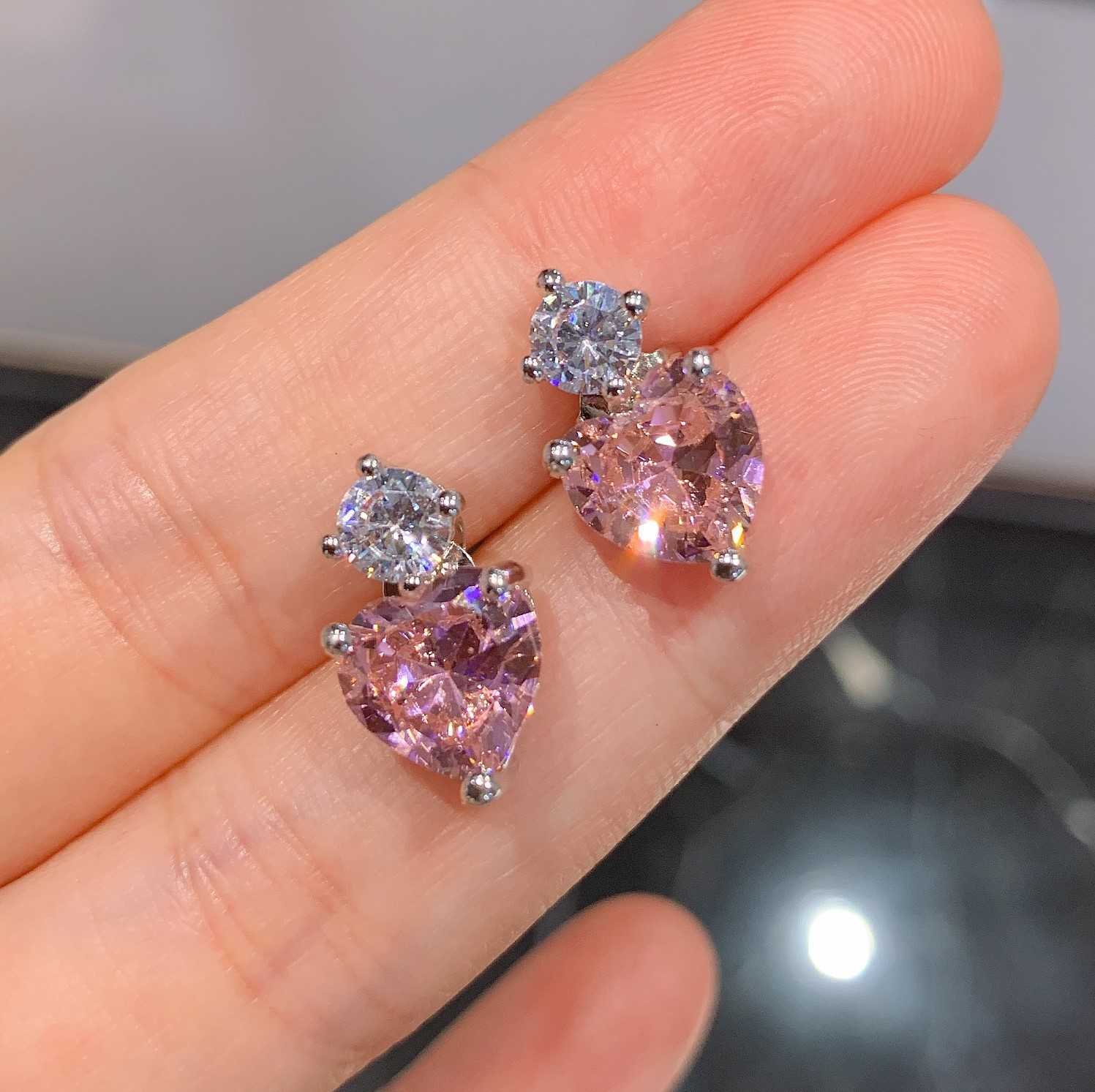 Zhuangsheng heating simulation color treasure pink diamond heart-shaped pendant heart-shaped necklace earring jewelry set W250312