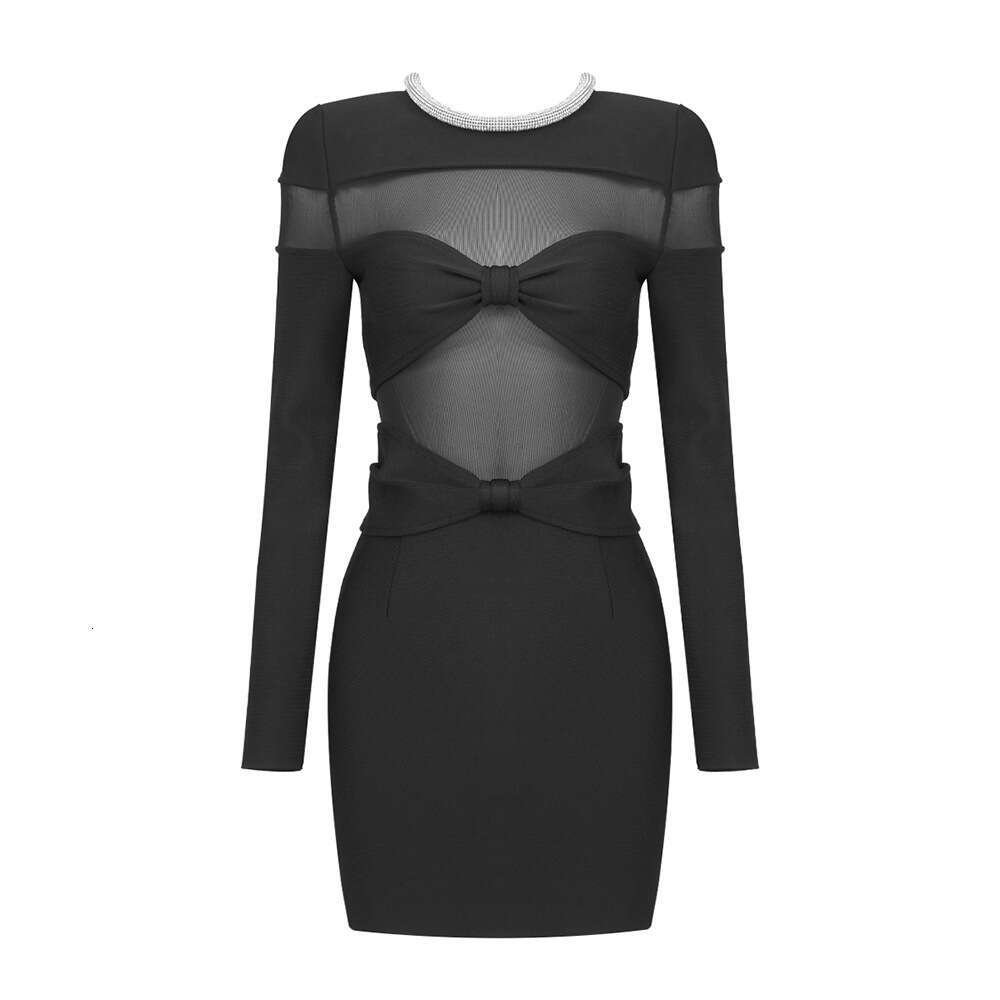 2024 New Butterfly Knot Mesh Diamond Strip Bandage Dress Black Hip Wrapping Long Sleeve Half Transparent Women's Clothing Spring