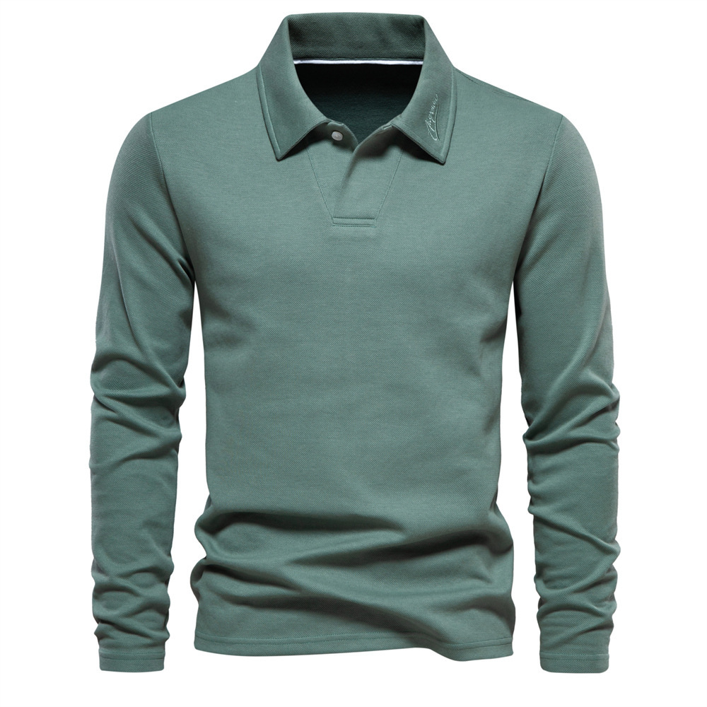 Autumn winter new men's washed long sleeved lapel t shirt solid color top trendy and versatile polo tracksuit