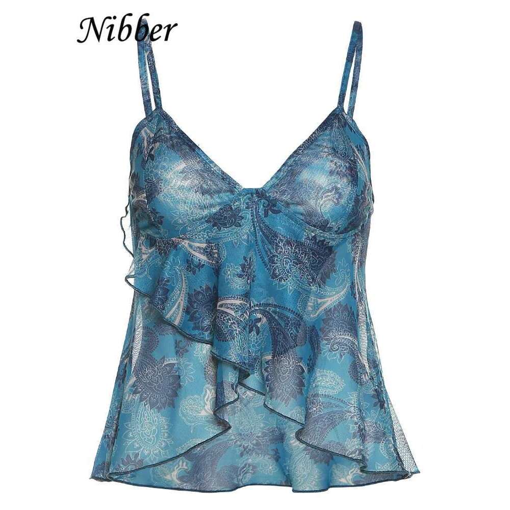 Mesh See Nibber Through Printed Vest Women Sexy Casual V-neck Sleeveless Suspender Camisole Patchwork Tank Top Streetwear