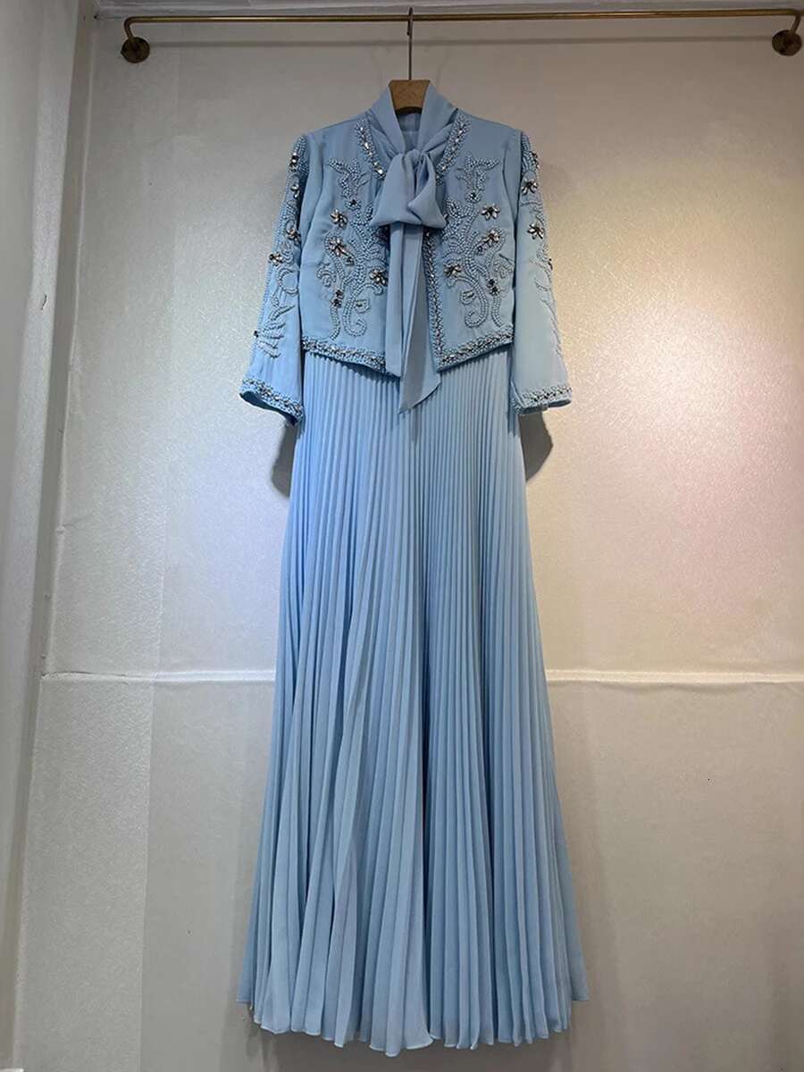 TWOTWINSTYLE Solid Two Piece Set For Women O Neck Sleeve Coat Scarf Collar Sleeveless High Waist Long Dress Female Fashion