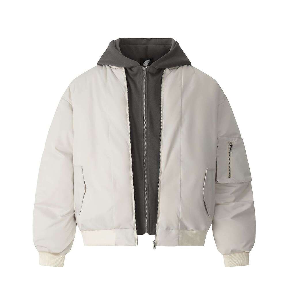 Jiayiku Trendy Brand 2024 Winter New American Thick Fake Two Piece Flight Coat Hooded Cotton Jacket