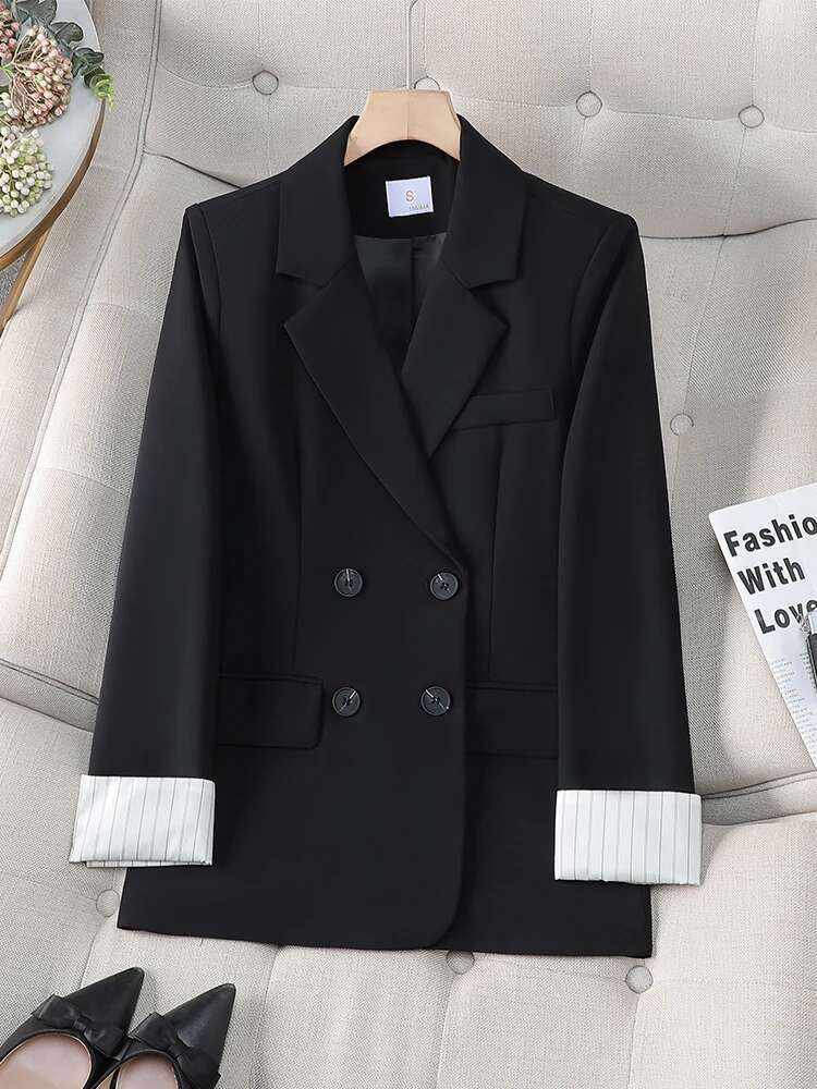 Fashion Women Casual Blazer Coat Yellow Beige Black Female Long Sleeve Double Breasted Loose Ladies Jacket