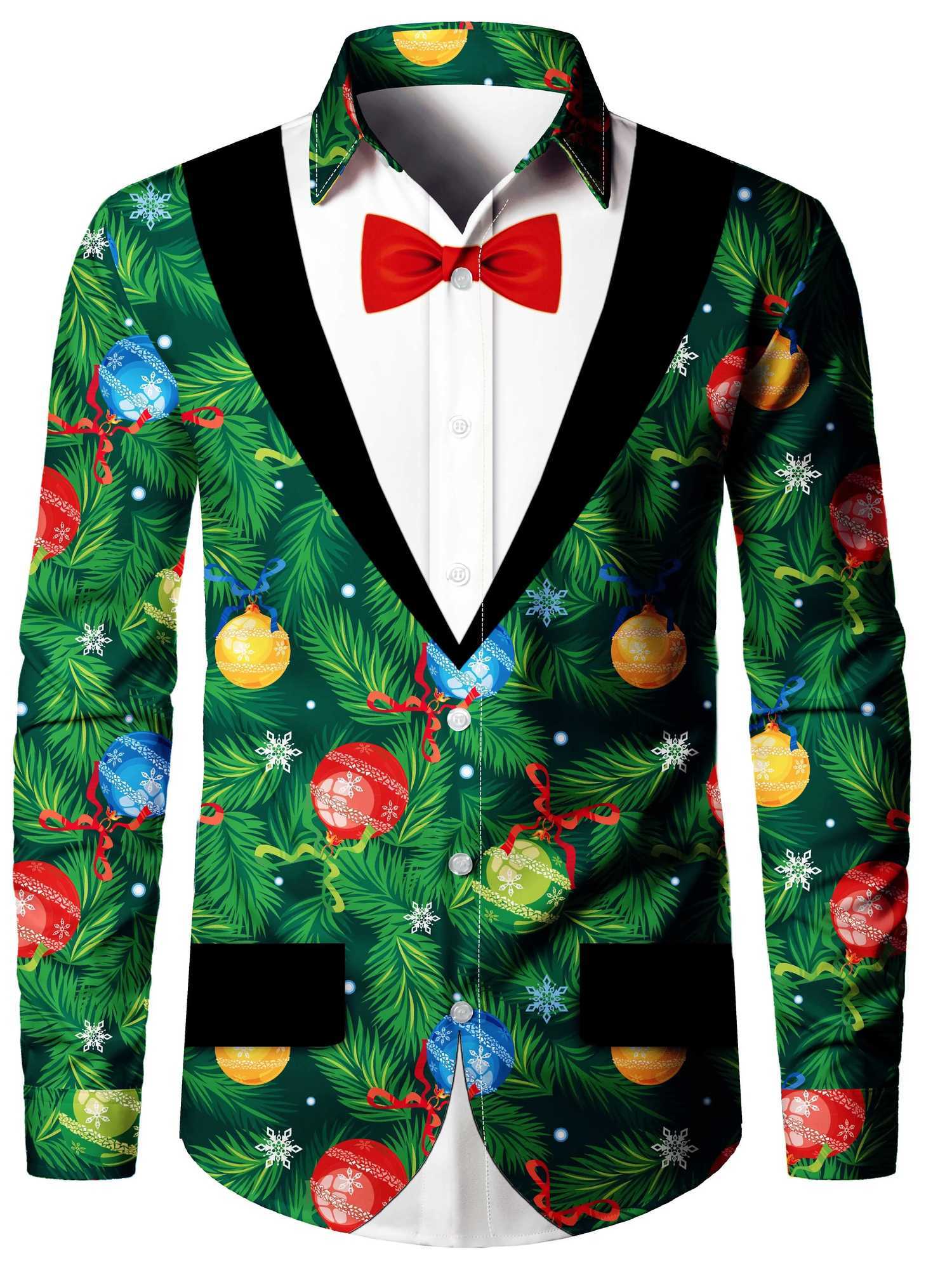 Christmas themed mens fake suit tail suit printed formal shirt Christmas graphic long sleeved fashionable mens shirt W250312