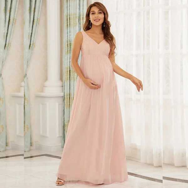 Fashion Elegant Pregnant Woman Dress Sleeveless V Neck Long Summer Dress Sexy Party Dress Female Chiffon Maxi Red Pink DressT250311