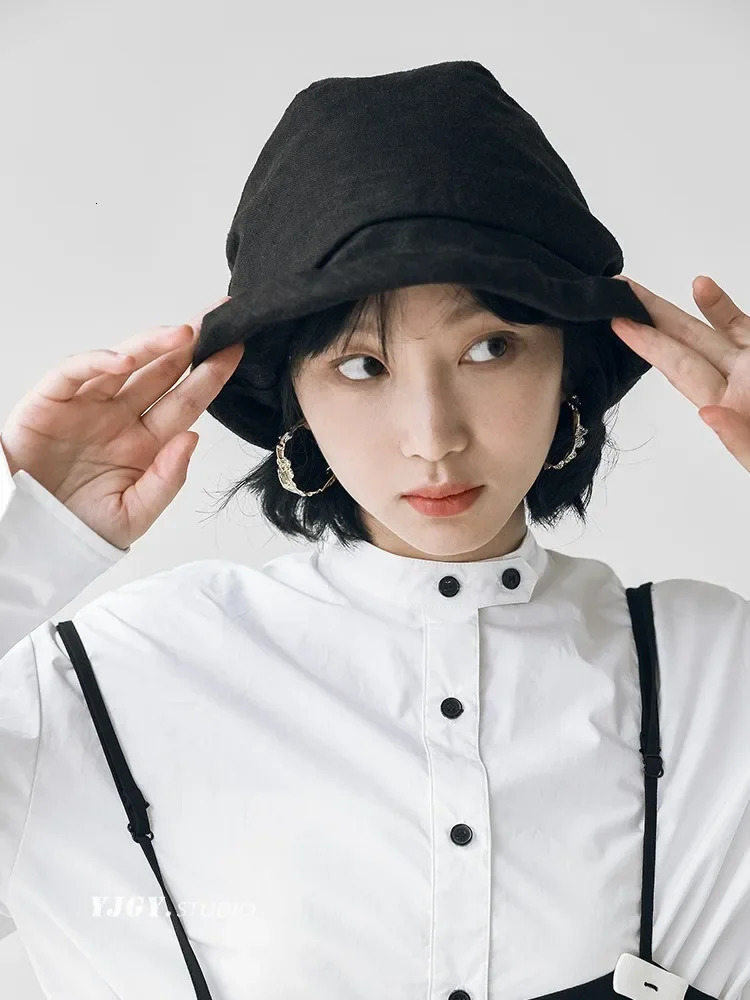 Japanese Cotton Linen Pleated Women Fisherman Hat Small Brim Summer UV Resistant Breathable Bucket Wrapped Head Ladies 250304
