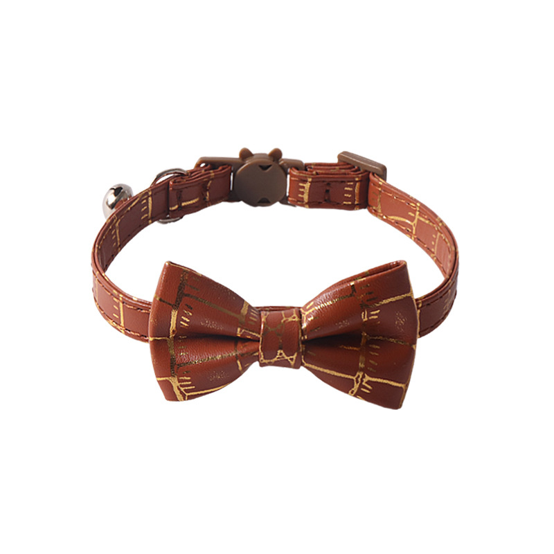 Fashion Cat Collar Cool PU Leather with Bow Tie Detachable Bell Safety Breakaway Gold Stamp Pattern Cat Collar Pet Gift for Boy Girl Cats Puppy Black 