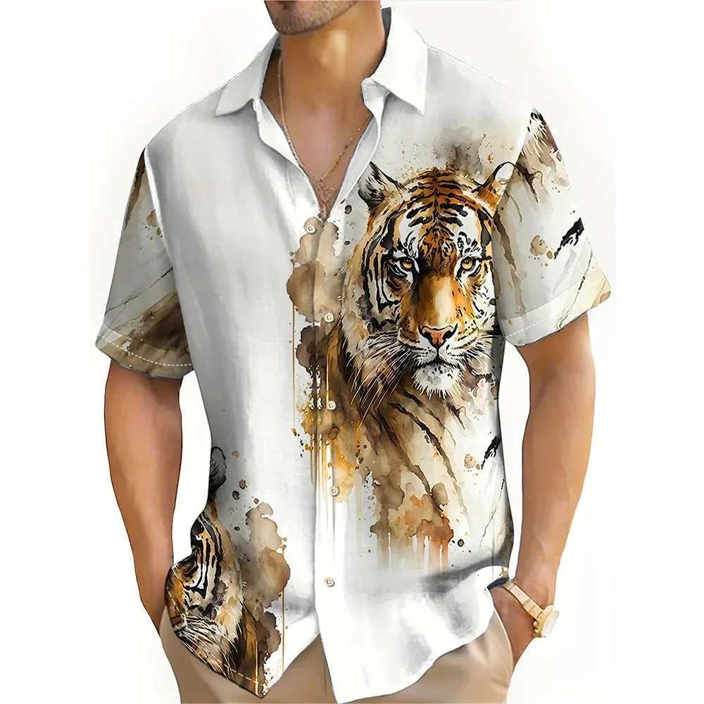Painting tiger pattern mens retro short sleeved button down sweater summer holiday mens oversized shirt mens casual wear W250312