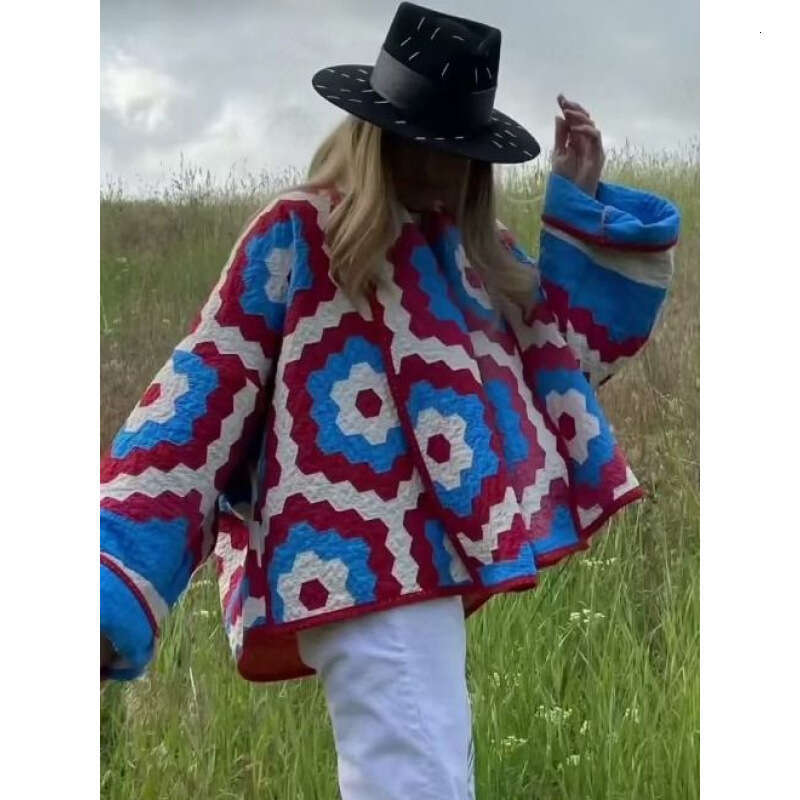 2024 Autumn/Winter New Y2k Fashion Versatile Colorful Printed Loose V-Neck Long Sleeved Cotton Jacket For Women