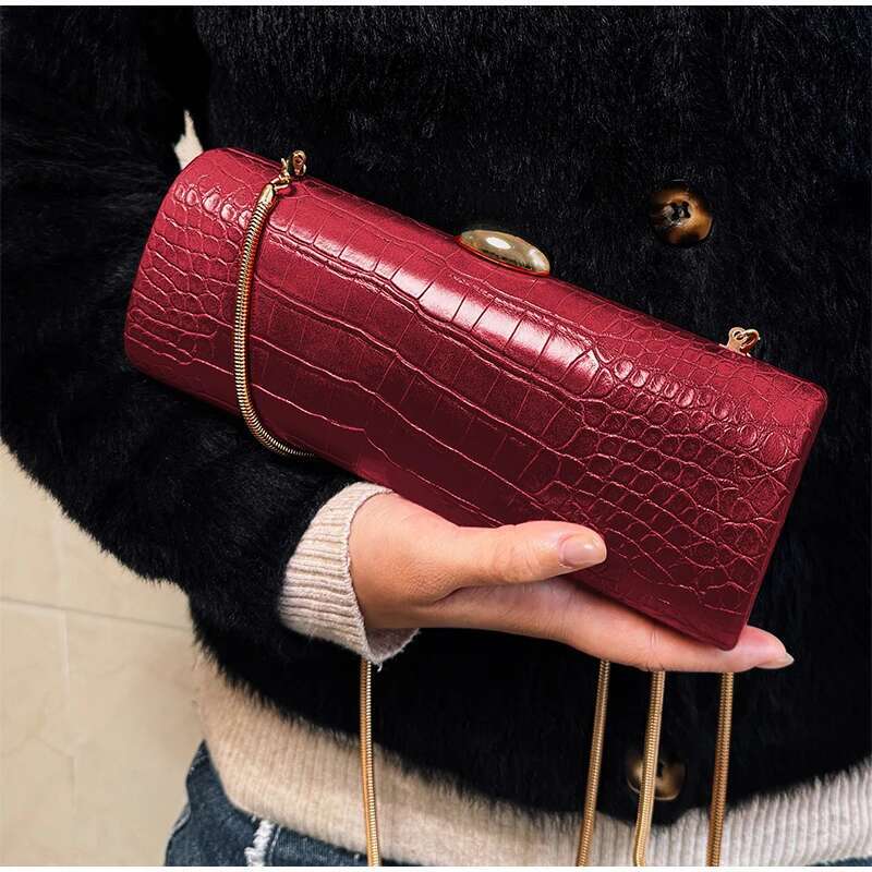 Brand Crocodile Pattern Women's Handbag Brown New Gold Chain Rectangular High-End Designer Shoulder Messenger Bag