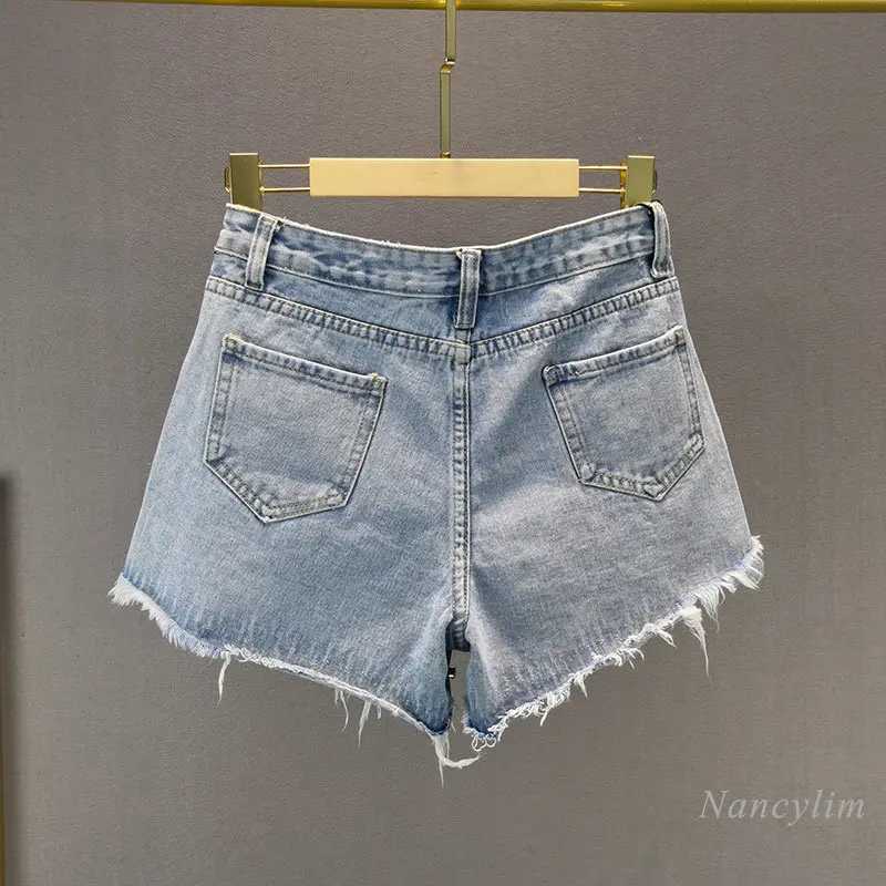 Open collar wide leg denim shorts for womens 2023 summer new high waisted Exquisite Rhinestone hot pants for womens shirts jeans shorts X250312