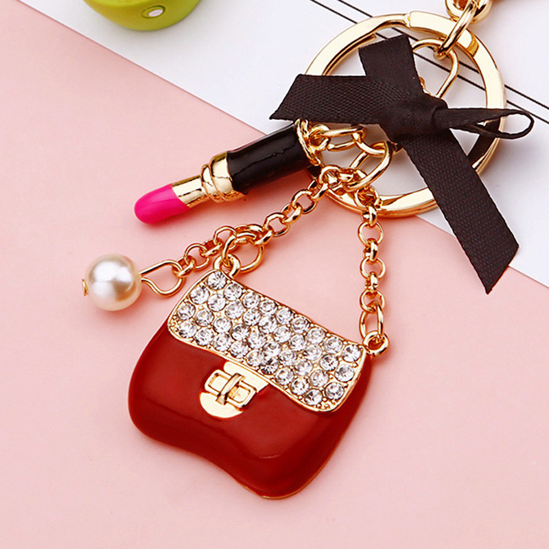Chic Ladies' High-End Car Accessory Keychain Featuring Shimmering Diamond Accents - Designer Bag Decor Charms