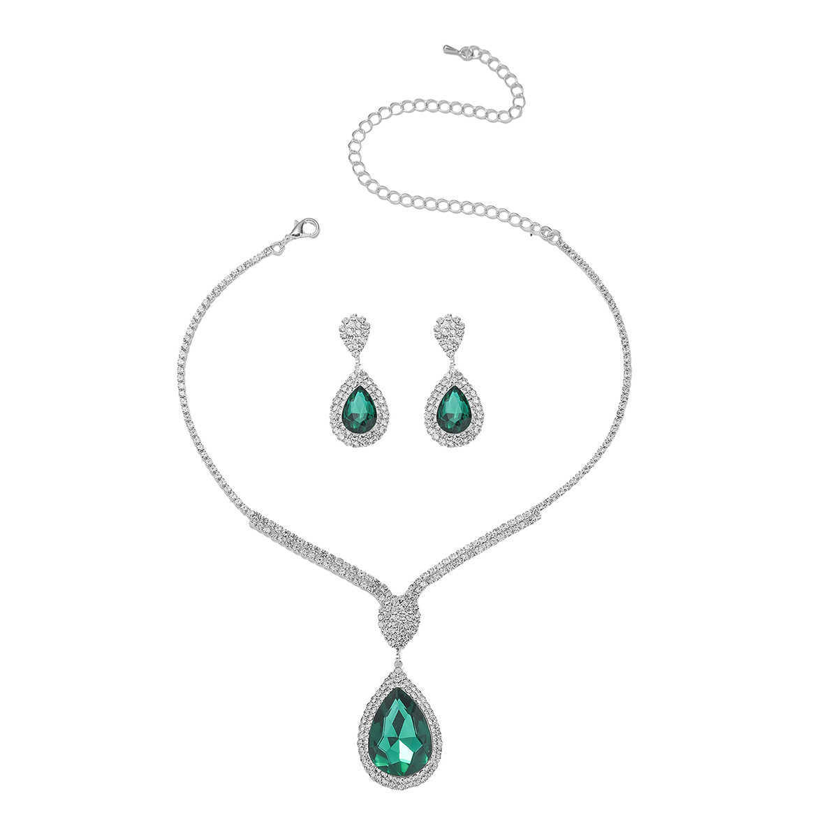 Hot selling Dazzling Color Blue Green Red Water Drop Crystal Necklace Earring Set Jewelry Two Piece Set W250312