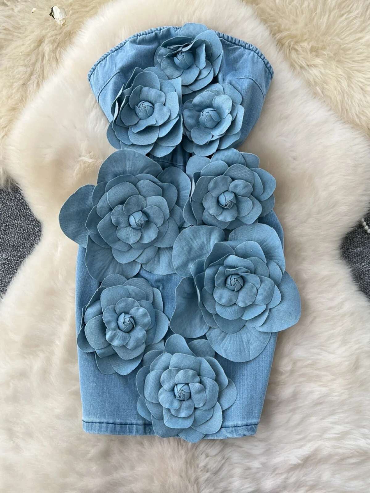 Elegant 3D Wer Rose Short Party Dresses Women Summer Holiday Sleeveless Strapless Corset Blue Denim Jeans Dress Mini Vestidos