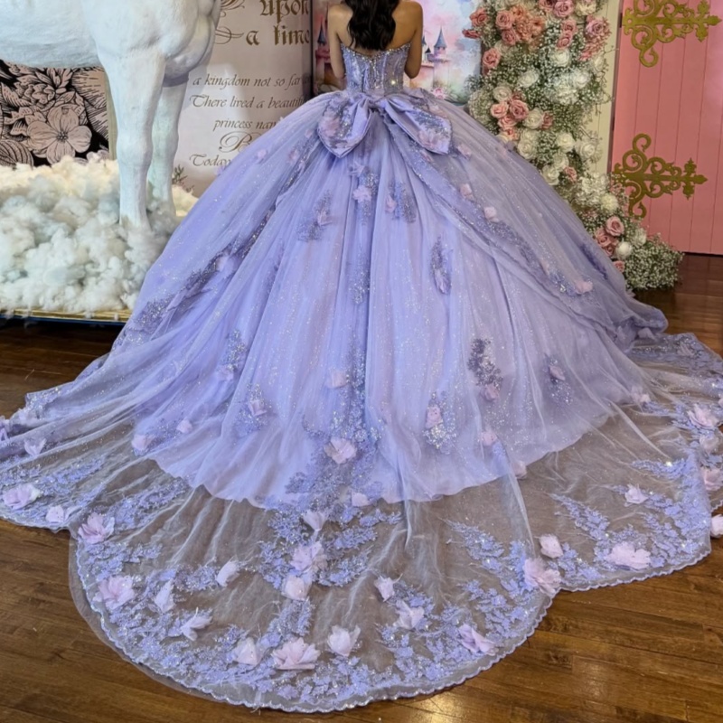 Lavender Shiny Off Shoulder Quinceanera Dresses Applique Flower Beading Crystal Corset Tull Party Birthday Sweet 16 Dress Vestidos 15 Anos