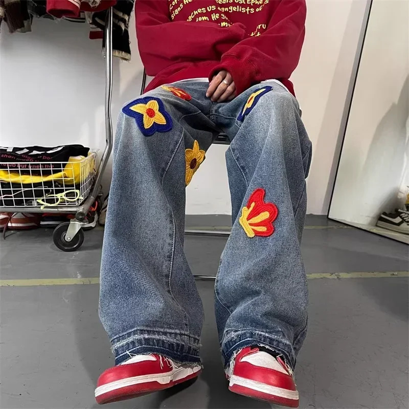 Autumn mens floral y Y2K jeans hiphop fashion bag denim Trouser womens retro streetwear blue straight 250311