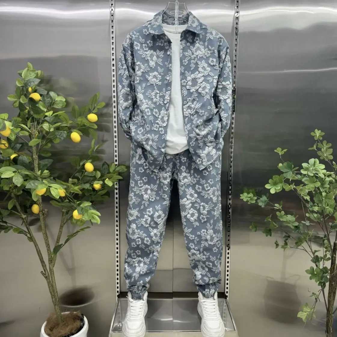 New 3D embossed jacquard shirt jacket two-piece pants set fashion brand high-end casual sportswear X250312