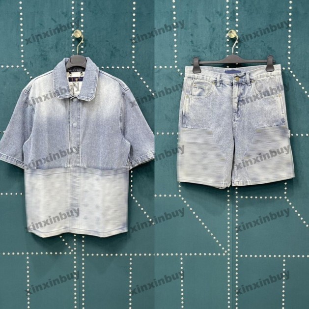 xinxinbuy Men designer Tee t shirt 2024 Italy emboss Letter jacquard pattern denim sets short sleeve cotton women gray black blue Khaki XS-2XL