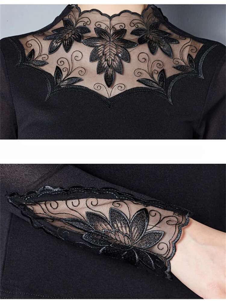 Hollow Out Women Spring Autumn Style Lace Blouses Shirts Casual Long Sleeve Patchwork Spliced Turtleneck Blusas Tops Df1491