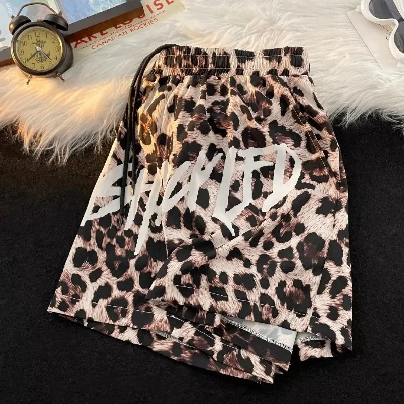 Mens Fashion Sports Tethered Pants Mens Summer Elastic-waisted Casual Shorts Summer Leopard Print Beach Shorts 250310