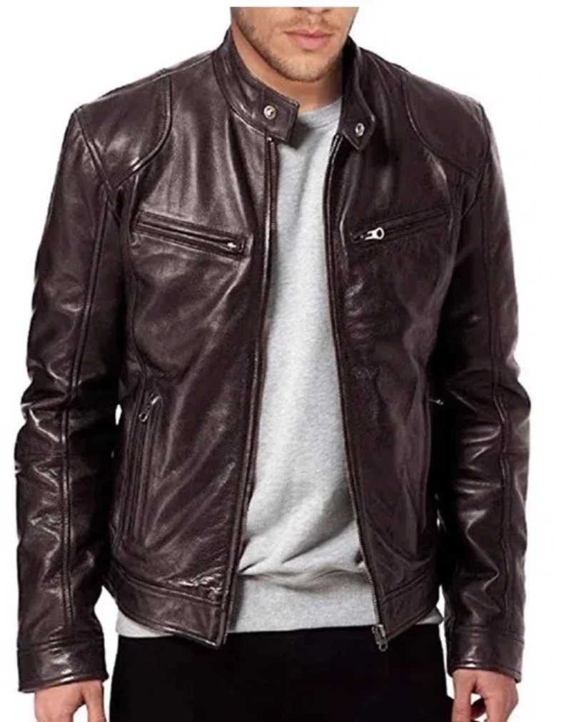 Fall and Winter Mens Leather Jacket Mens Stand-up Collar Jacket Zipper Biker Leather Jacket Casual Slim Leather JacketT250311