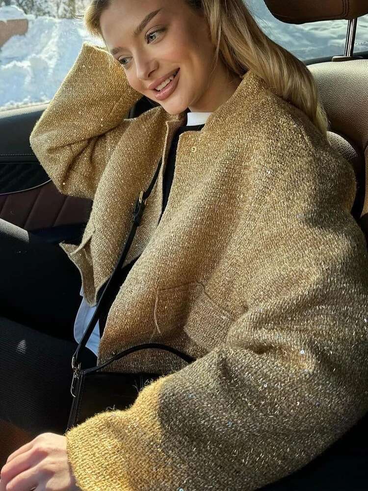 Fashion Gold Sequins Bomber Jacket For Women 2024 Chic Stand Collar Long Sleeve Coat Female Winter Autumn Lady Street Outerwear