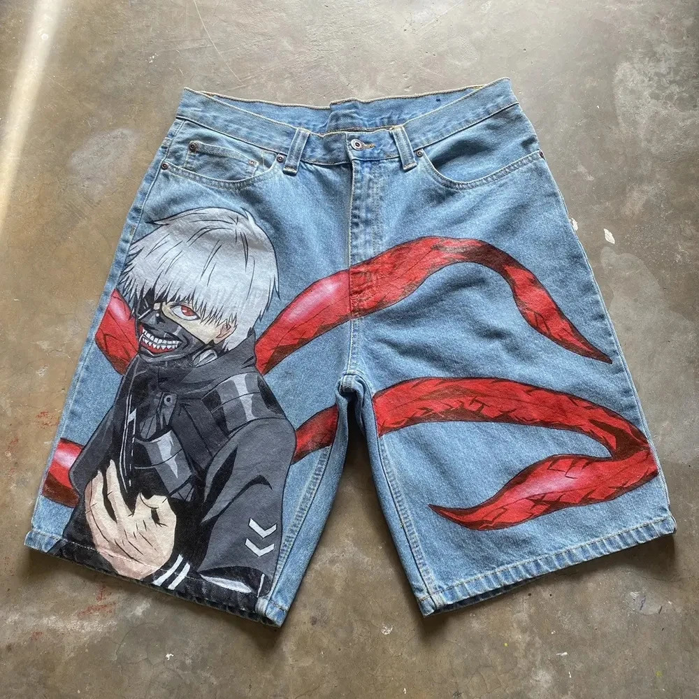 Japanese cartoon anime character graphic printing hip-hop denim shorts Y2k Harajuku retro straight waist street mens and womens shorts 250310