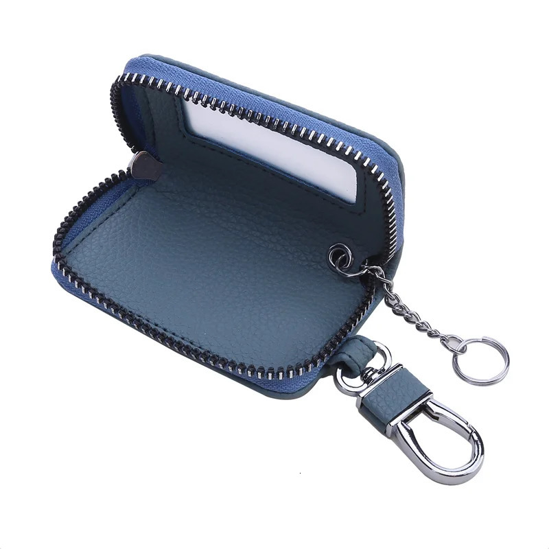 Car key bag Lychee pattern top layer denim key bag PU leather keychain large capacity neutral key bag 250311