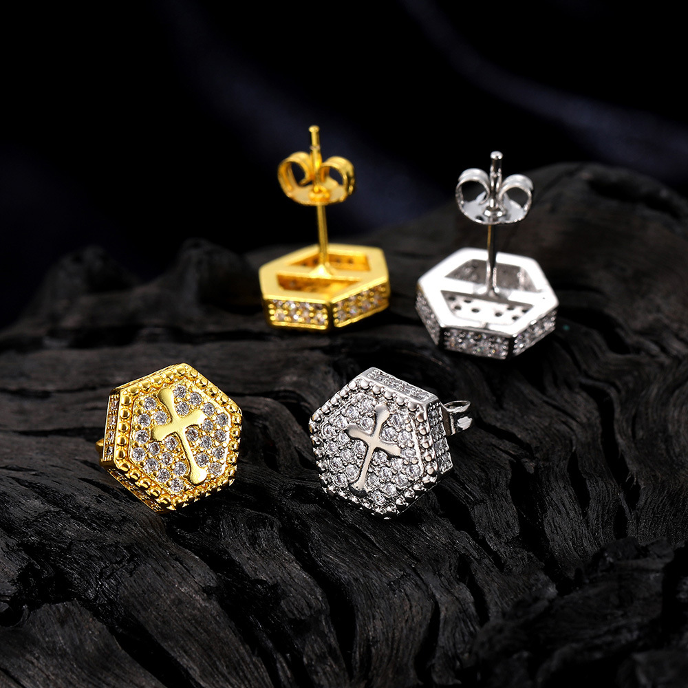 Hip Hop Hexagon Cross Stud Earrings Cylinder Shape Shining Zircon Dangle Earrings Gold Plated Vintage Geometric Jewelry