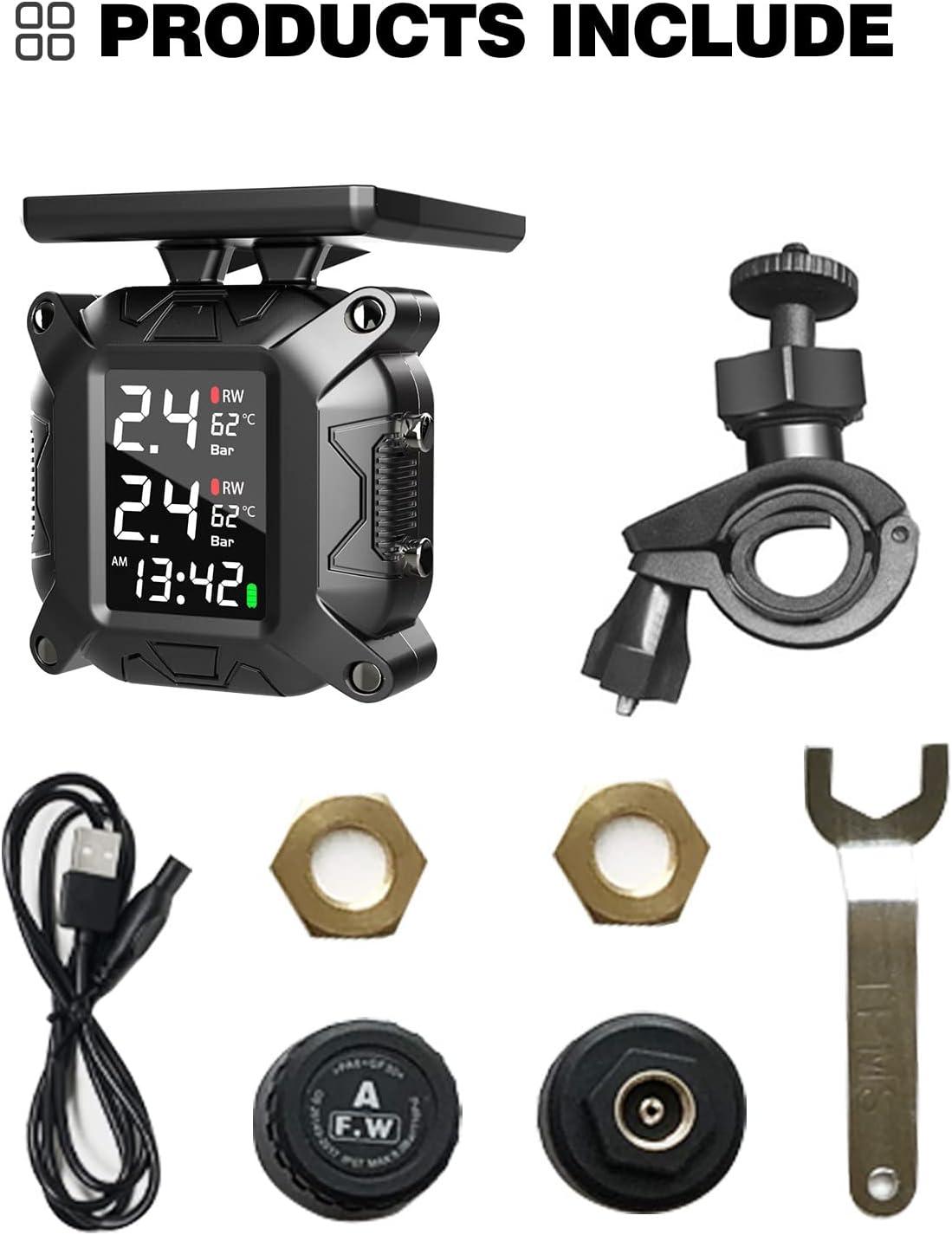 Motorcycle TPMS wireless tire pressure monitoring system, IP67 waterproof and dustproof wireless belt with 2 external sensors and digital LCD display 
