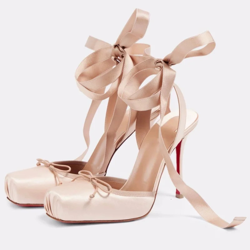 Woman Sandals Summer High Quality Square Satin High-heeled Female Shoes With Ankle Straps Wedding Flip Flops 250310