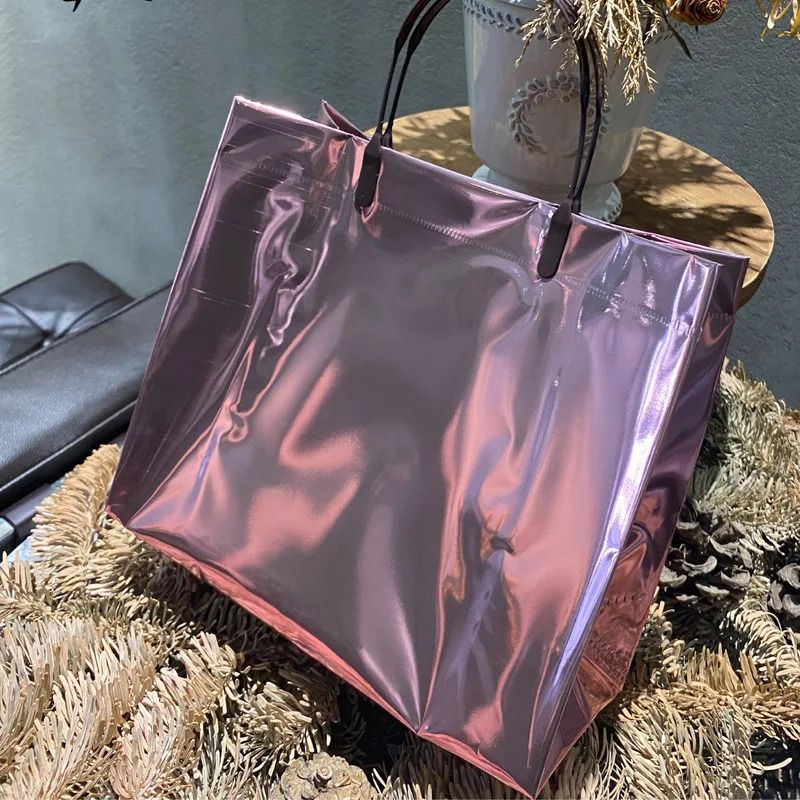Laser PVC Shopping Bag With Snap Button Reusable Women Waterproof Eco Tote Bag Clothing Wedding Party Favor Gift Packaging Bags 250305