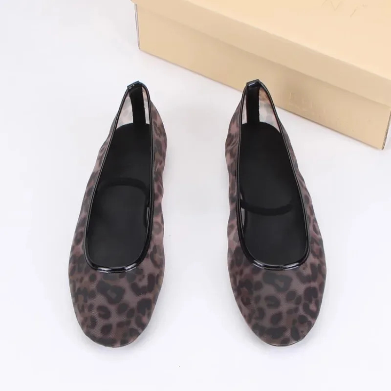 Leopard print mesh shoes women casual transparent ballet flats mary janes shoes Ladies round toe hollow out elegant Loafers 250312