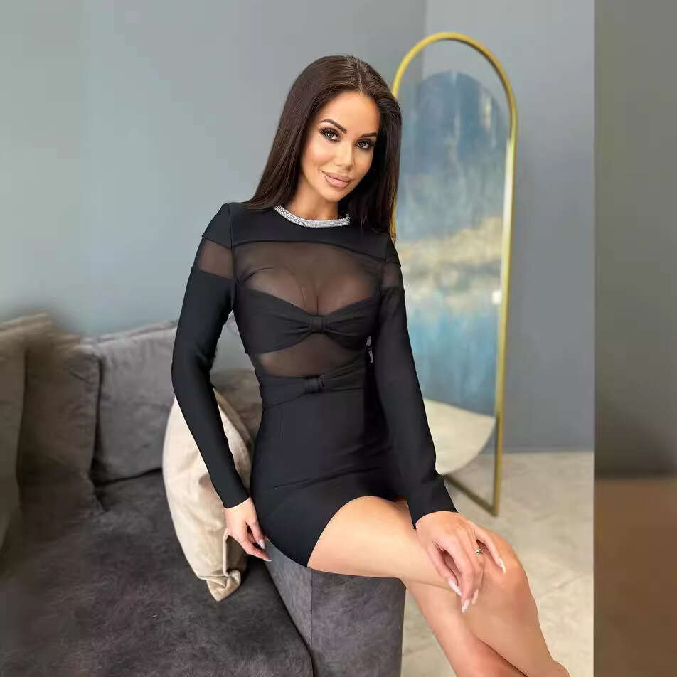 2024 New Butterfly Knot Mesh Diamond Strip Bandage Dress Black Hip Wrapping Long Sleeve Half Transparent Women's Clothing Spring