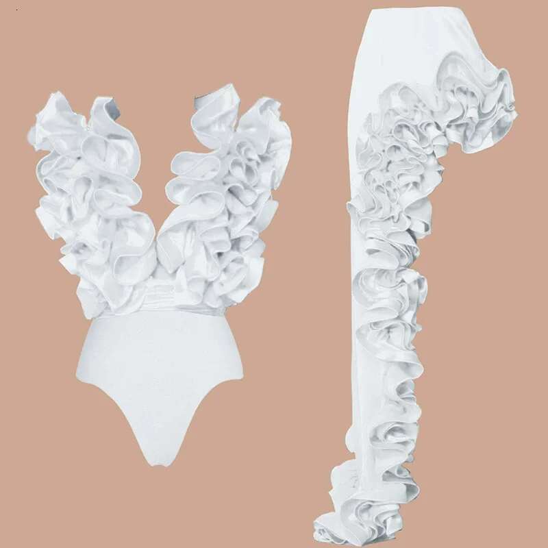 Cm.Yaya Women Streetwear 2 Two-Piece Suits Sexy Beach Holiday Ruffles Asymmetrical V-Neck Bodysuit+Long Skirts Bikinis Sets