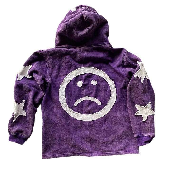 Personalized street patchwork letter star pattern long sleeved pullover hoodie loose fit