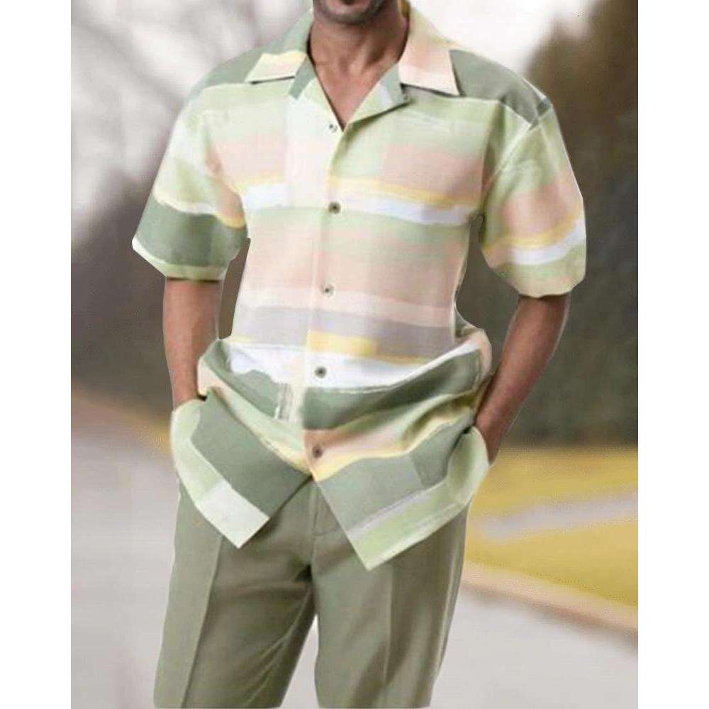 Spring summer casual beach style trendy brand European American 3D printed loose short sleeved shirt long pants set, men's new style, chic and el