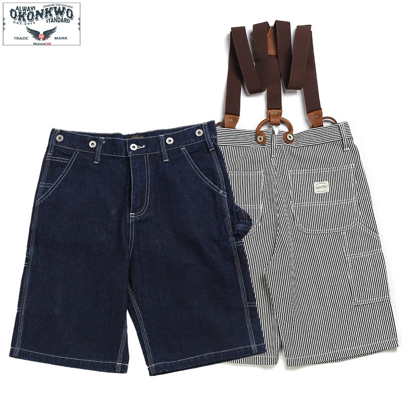 railway stripe X Y type Camisol shorts canvas work clothes pendant pants summer natural denim bib cover 250312