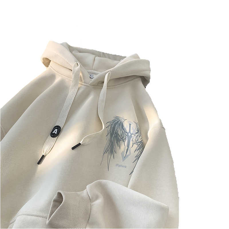Night Light Hooded Sweatshirt for Men Autumn and Winter with Thick Velvet Loose Fit Teenagers American Couple Jacket