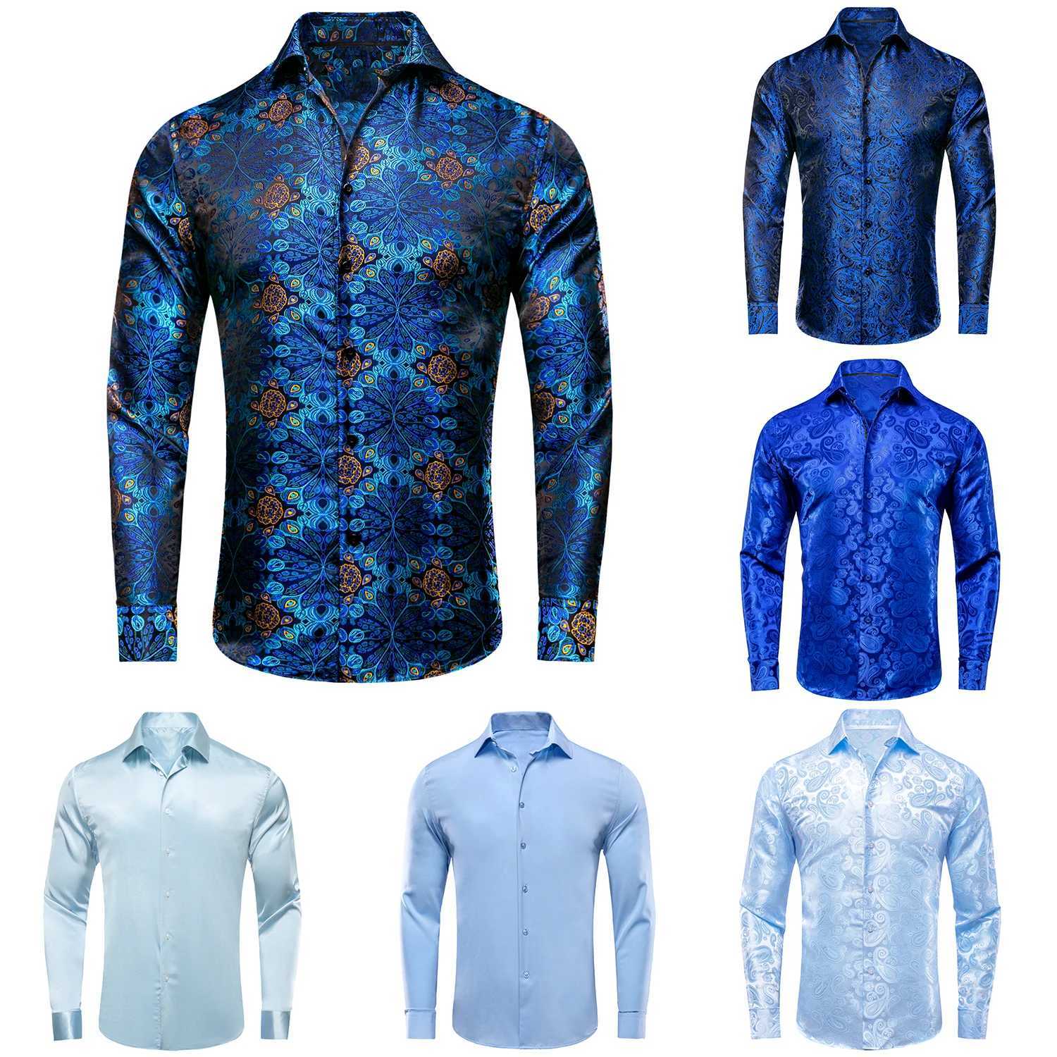Hi Tie Navy Royal Sky Blue Silk Mens Shirt Flip Collar Long Sleeve Dress Jacquard Shirt Mens Wedding Business Ball W250312
