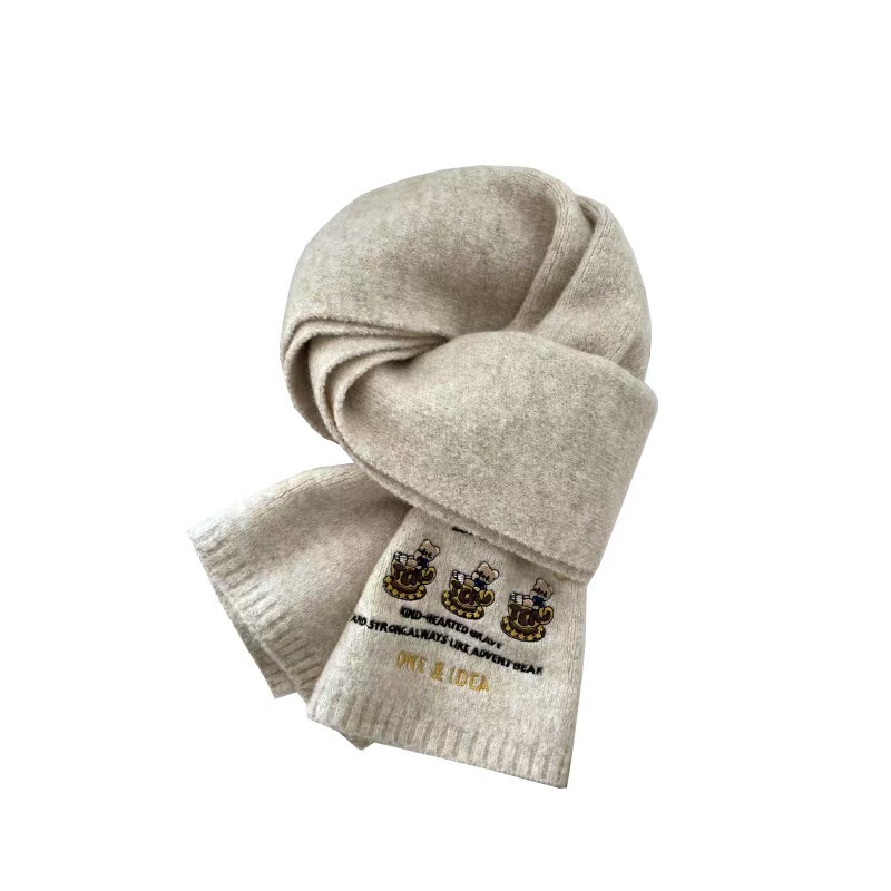 K106 Japanese style cute bear embroidery wool cartoon scarf for women autumn and winter warm student couple versatile knitted scarf